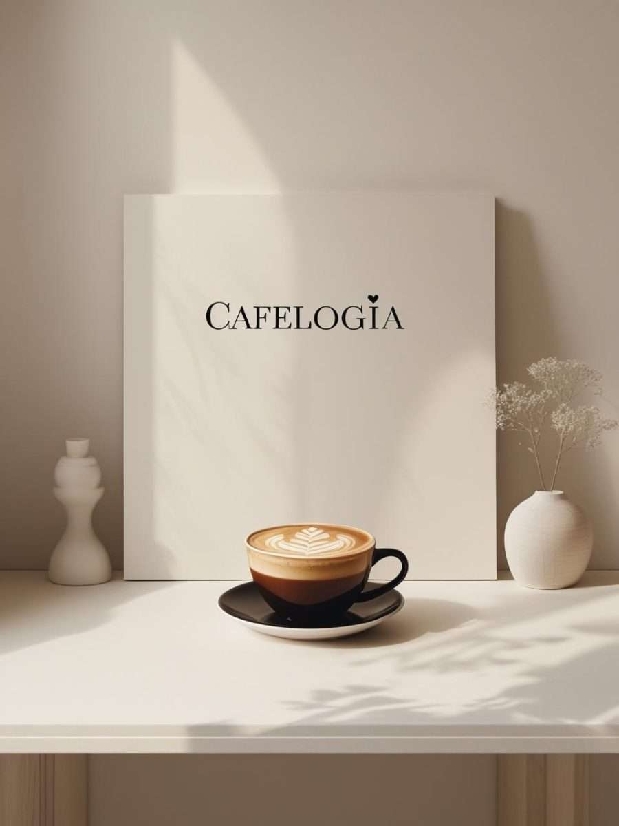Ecritorio con taza con latte art y cuadro de fondo de Cafelogía